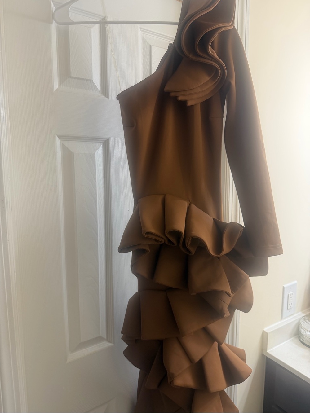 AKIRA One-Shoulder Ruffle Gown in Brown